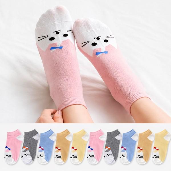 고양이 페이스 리본 투톤 발목 양말 10켤레