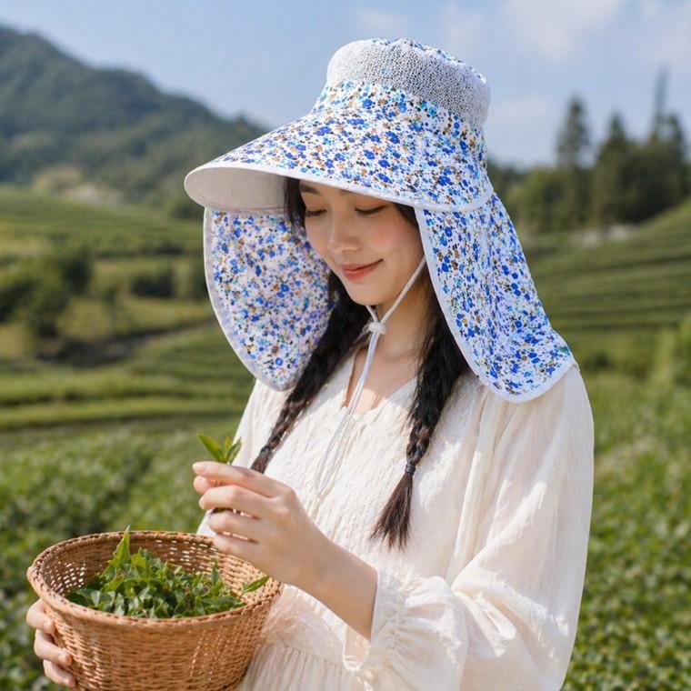 꽃무늬 밭일 햇빛 차단 가리개 농사 농부 모자 야외