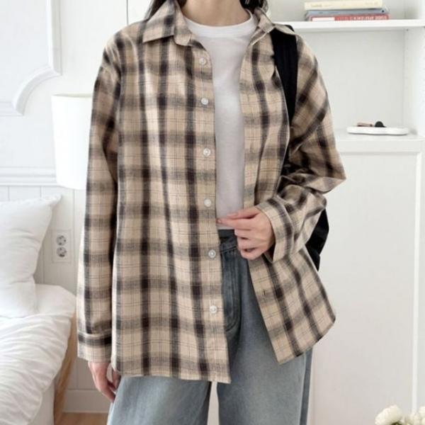 데일리 여성 체크 셔츠 오버핏 여자 긴팔티 남방