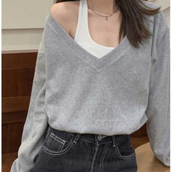 여성 언발 오프숄더 V넥 세미 크롭 긴팔티 루즈핏 1P 스트릿 패션 티셔츠