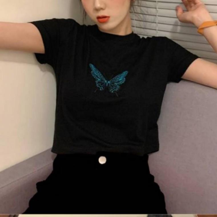파랑 나비 반팔 크롭티 여성 반팔티 티셔츠