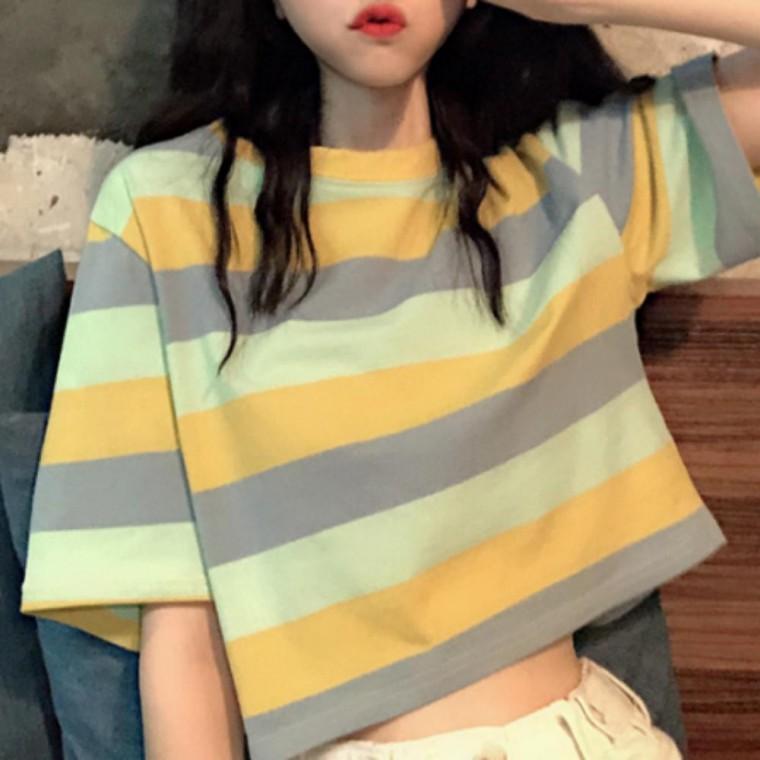 빅 스트라이프 박스 크롭 반팔 티셔츠 여성