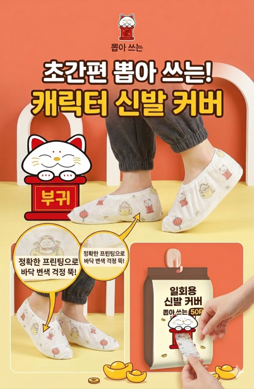 부귀 고양이 캐릭터 일회용 신발커버 덧신형 부직포 슈즈커버 50켤레 손님용 위생