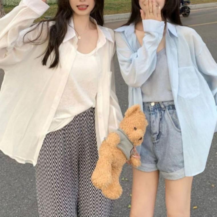 여성 시스루 셔츠 루즈핏 썸머 긴팔 롱 블라우스 남방