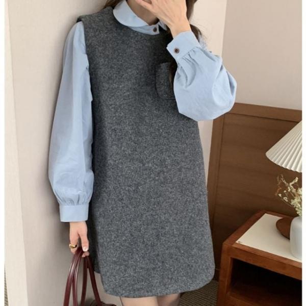 여성 모직 레이어드 나시 미니 원피스 그레이 1P 베스트 치마 정장 패션