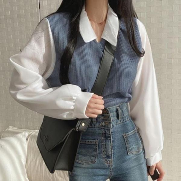 여성 은은한 카라 블라우스 조끼 세트 레이어드 1P 뷔스티에 니트 패션