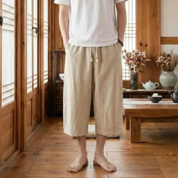 남성 여름 배기 7부 빅사이즈 마바지 린넨 와이드 팬츠