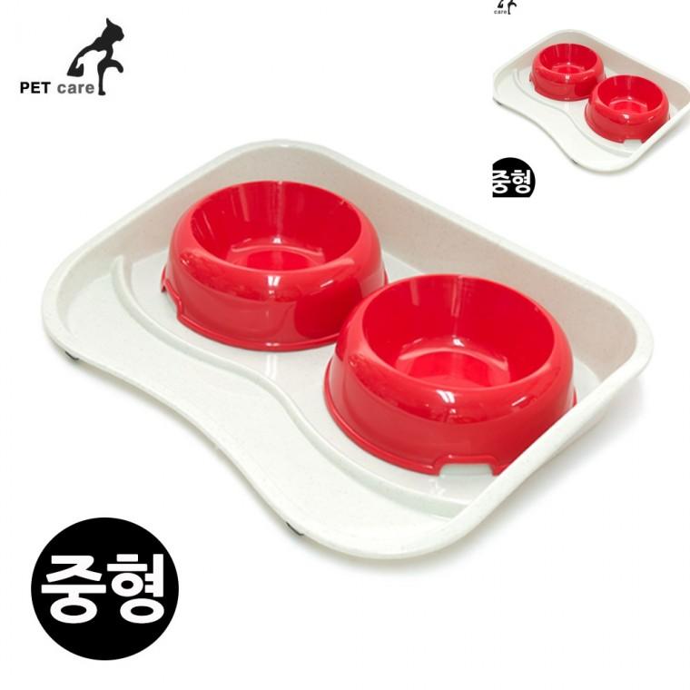 식판식기 세트 중형 레드 강아지보울 애완견밥그릇 반려견식기