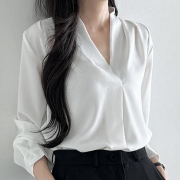 여성 브이넥 블라우스 면접 기본 정장 긴팔 흰색 셔츠