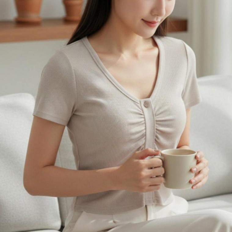 여성 크롭 숏 반팔 슬림핏 앞셔링 버튼 브라캡 티셔츠