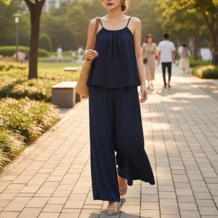 여성 여름 와이드 끈나시 블라우스 데님 팬츠 셋업