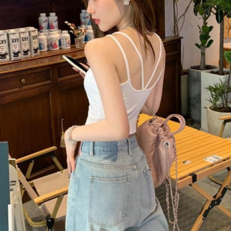 백라인 캡내장 크롭 캐주얼 민소매 끈나시 슬림 티셔츠
