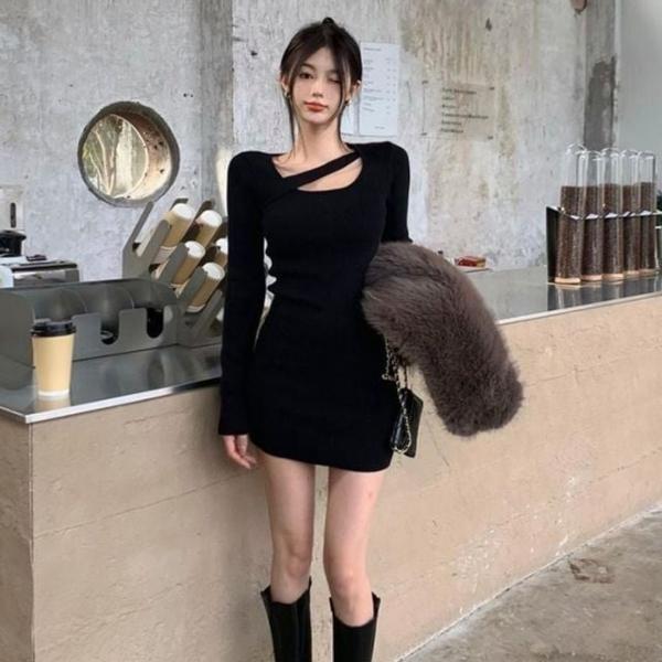 여성 절개포인트 긴팔 블랙 미니원피스 클럽 파티룩