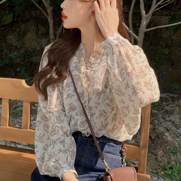 여성 봄 가을 플라워 패턴 시스루 쉬폰 블라우스 3색