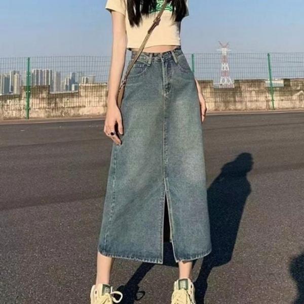 여성 앞트임 롱 데님스커트 슬릿 청치마 A라인 3색