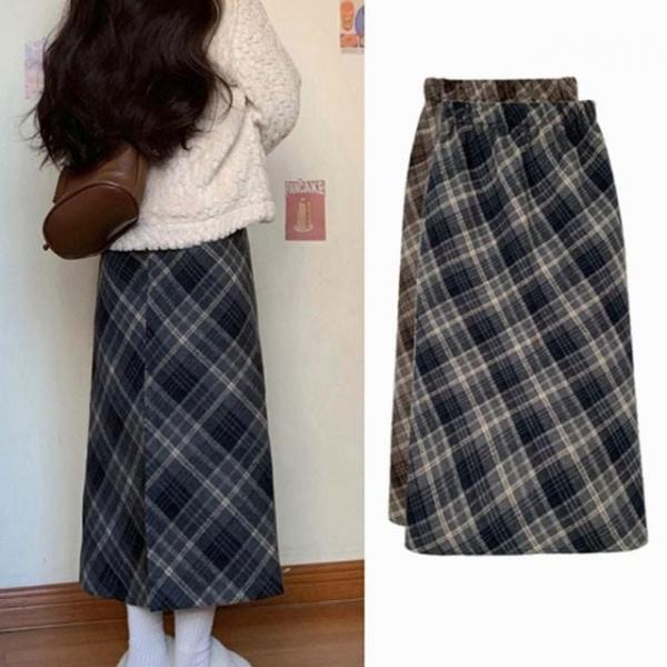 여성 겨울 포근한 모직 체크 롱스커트 밴딩 롱치마 2색
