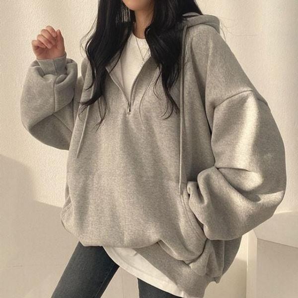 여성 지퍼 디자인 반집업 데일리 후드티 K TA 패션 집업 오버핏 후드 여성 티 무지