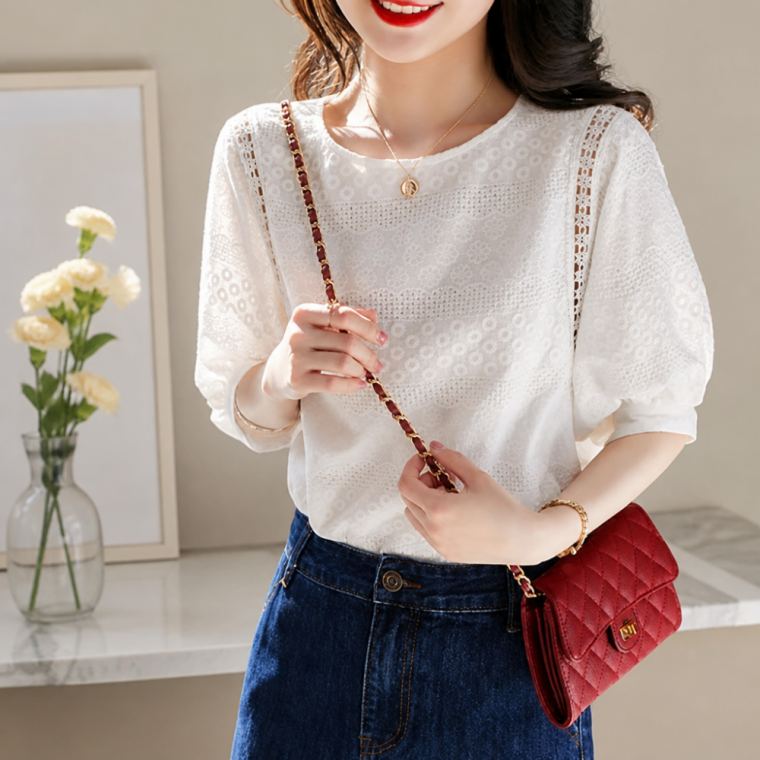 디어 마이 아일렛 블라우스 여름 퍼프 반팔 셔츠 여성 데일리룩