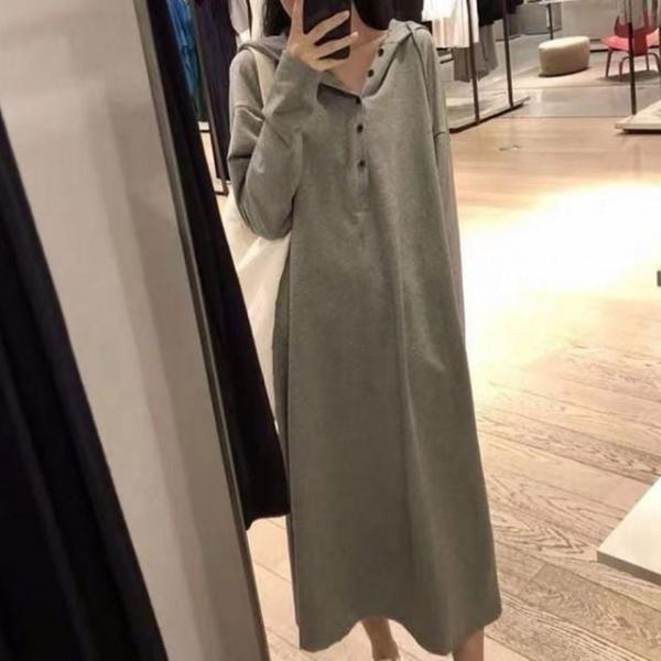 가을 후드 긴팔 원피스 롱원피스 단추 치마 스커트 여성 긴팔 단추 긴팔 가을 원피스 치마 후드 스커트