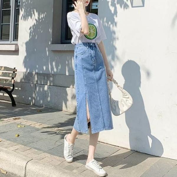 여성 데님 롱스커트 사이드트임 청치마 A라인 연청
