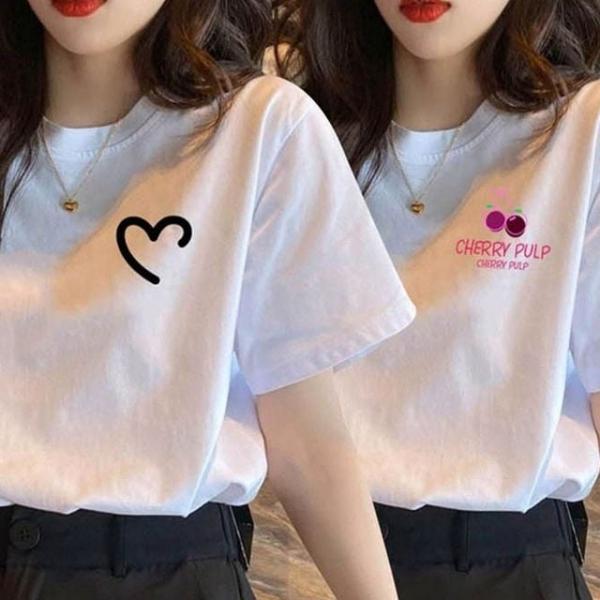 여성 여름 데일리 면반팔티 프린팅 포인트 티셔츠 2색
