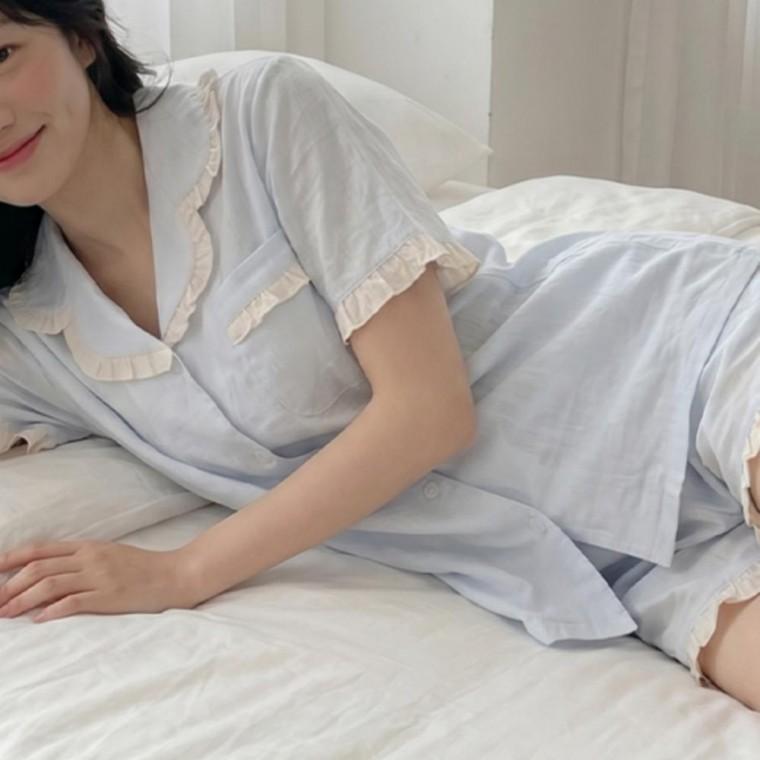여성 파스텔 반팔 잠옷 반바지 레이스 파자마 세트