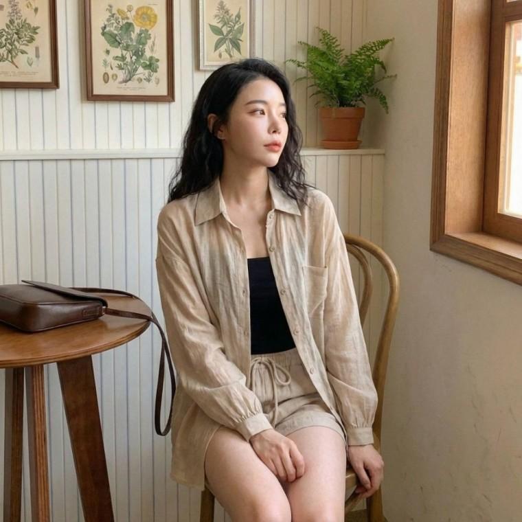 HL] 셔츠 반바지 루즈핏 시스루 세트 여성셔츠 남방