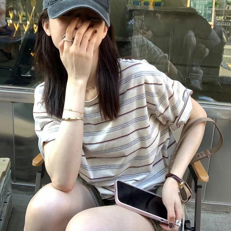 HL] 니트티 티셔츠 스트라이프 루즈핏 여성 브이넥티