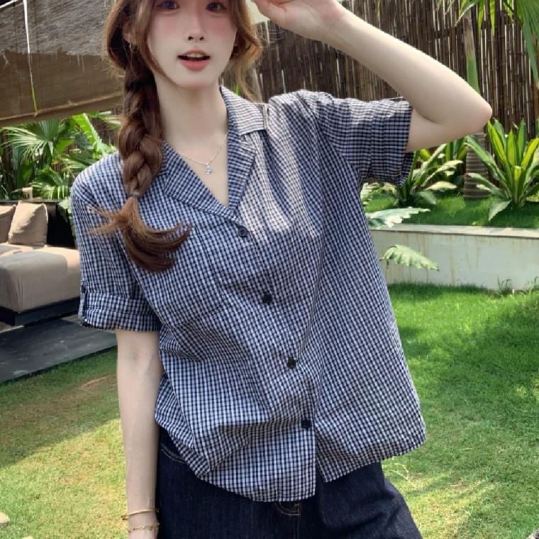 HL] 셔츠 체크 카라 브이넥 롤업 여성셔츠 남방 가을