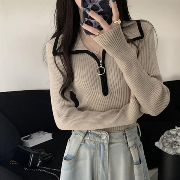 여성 골지 슬림핏 카라 반지퍼 티셔츠 SD-251181