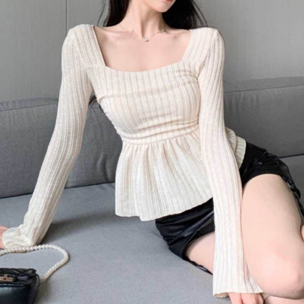 골지디자인 여성 티셔츠 볼륨 스퀘어넥 긴팔티
