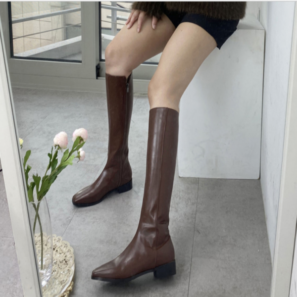 여성롱부츠 데일리 각코 옆지퍼 일자핏 플랫굽 여성 롱부츠 정장 사무실 하객룩