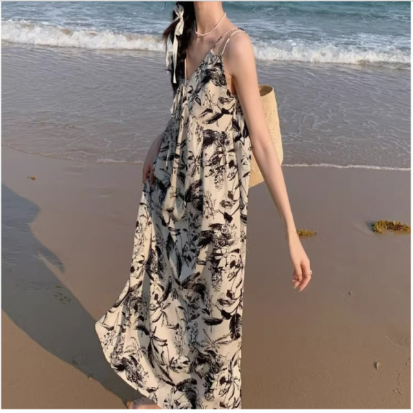 여성민소매원피스 예쁜 수묵화 플라워 패턴 앞리본 여름 원피스 비치 해변 휴가룩 하객룩