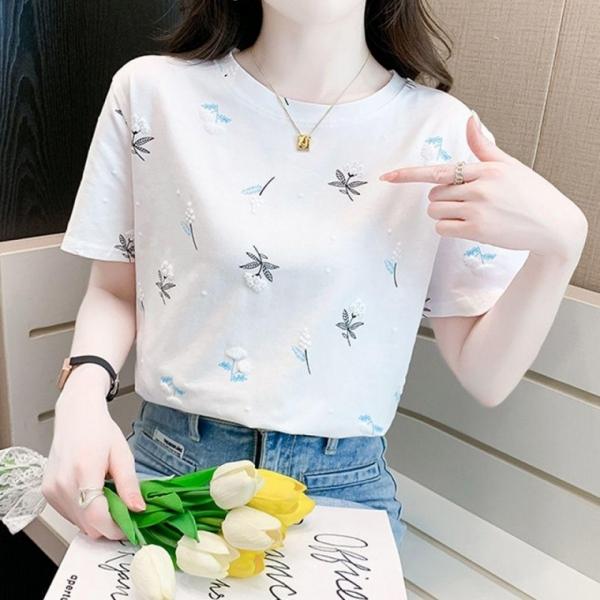 여성반팔셔츠 입체 화이트꽃 푸른 꽃잎 반팔 티셔츠 사무실 아웃도어 캐쥬얼