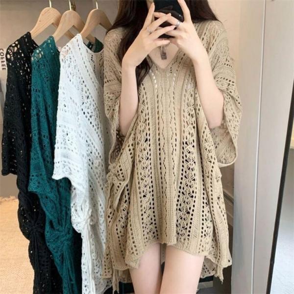 수영복가디건 여름 여성 비치웨어 브이넥 시스루 언발 수영복가디건
