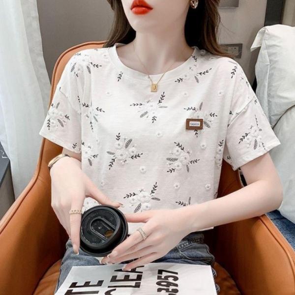 여성반팔셔츠 입체 화이트 플라워 루즈핏 반팔 티셔츠 사무실 아웃도어 캐쥬얼
