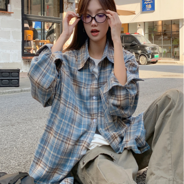 여성체크남방 네모 체크 카라 긴팔 셔츠 사무실 아웃도어