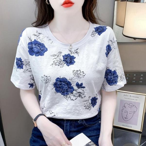 여성반팔티 사무실 데이트룩 아웃도어 블루장미 지도 입체 패턴 반팔 티셔츠