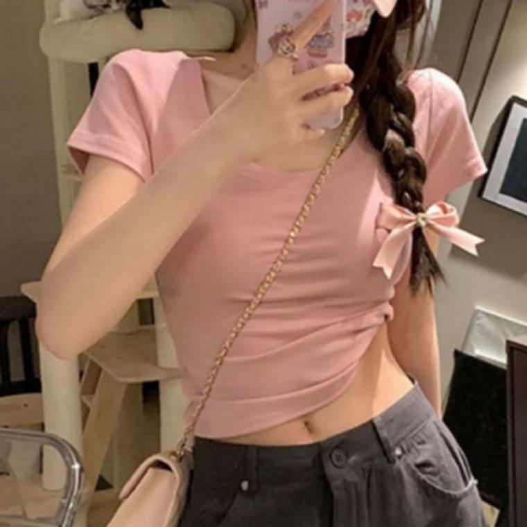 여성 여름 무지 인기 반팔 심플 캐주얼룩 크롭 반팔 티셔츠 크롭티 트렌디한 스트릿 패션