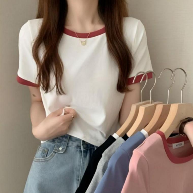여성 여름 트렌디한 기본 크롭 데일리룩 인기 크롭 반팔 티셔츠 무지 반팔 티 미니멀룩