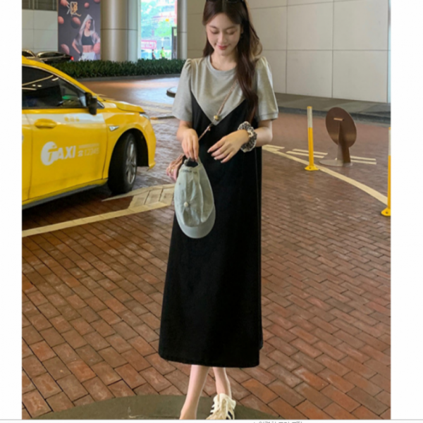 여성반팔원피스 그레이톤티셔츠+블랙뷔스티 반팔 롱원피스 사무실 하객룩