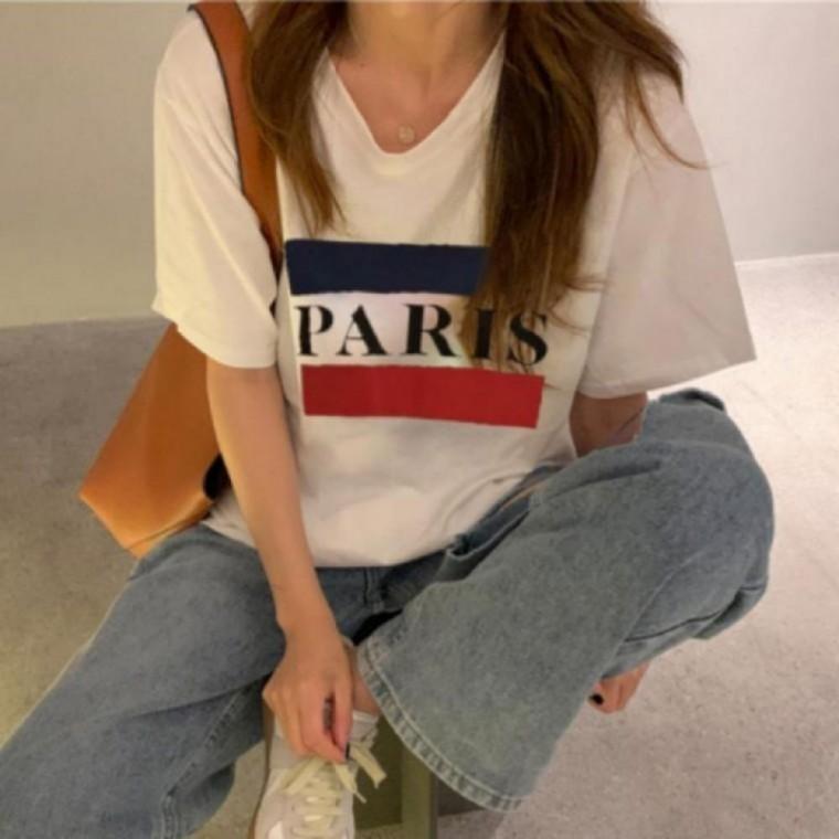 여성 여름 오버핏 파리스 레터링 순면 반팔티셔츠 데일리 기본템 루즈핏 캐주얼 캠퍼스룩