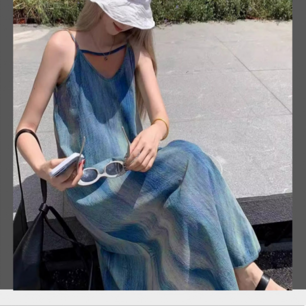 여성 나염 데님 V넥 끈나시 롱원피스 1P 바캉스 비치 홈웨어 캐쥬얼