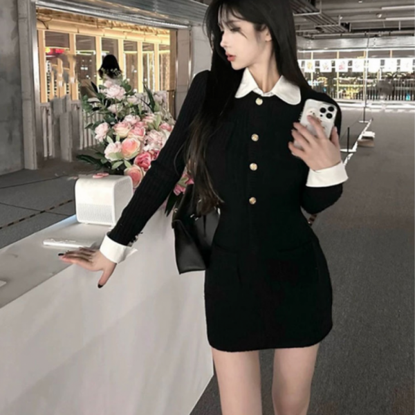 여성미니원피스 카라 긴팔 미니 원피스 블랙 1P 슬림핏 하객룩 사무실 정장 하객룩