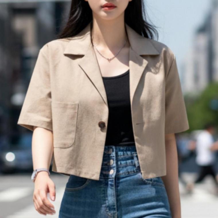 여성 린넨 반팔 크롭 자켓 오버핏 아우터 여름 소프트 린넨혼방 재킷 데일리