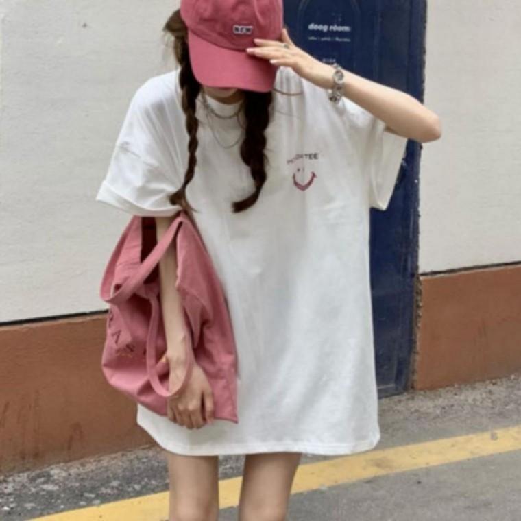 여성 여름 스마일박스티 오버핏 캐주얼 반팔티셔츠 오버핏 티 루즈핏 데일리룩 귀여운 패션