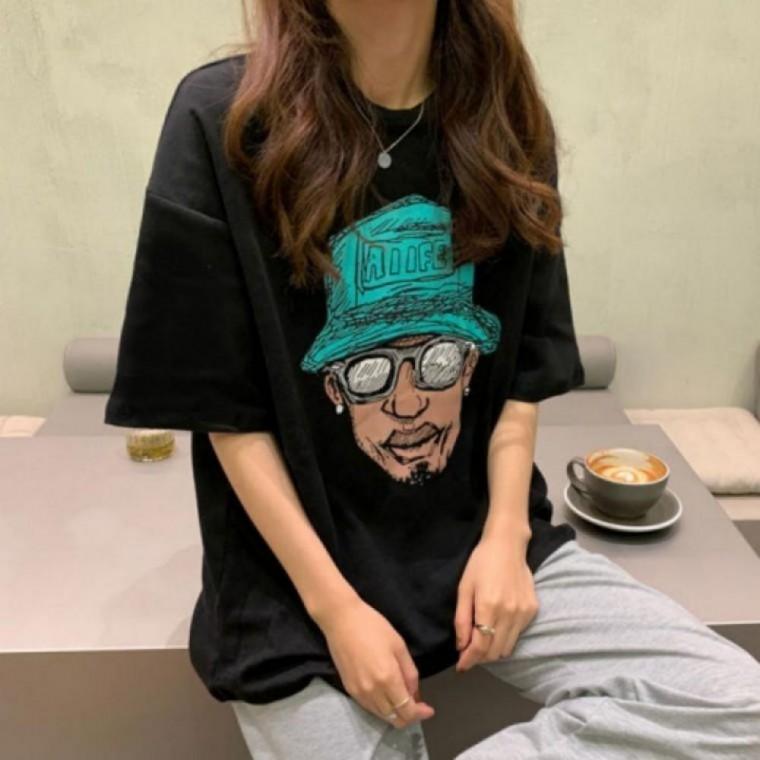 여성 여름 프린팅반팔 페이스 오버핏 패션 티셔츠 데일리 반팔티 스트릿 캐주얼룩 박스티