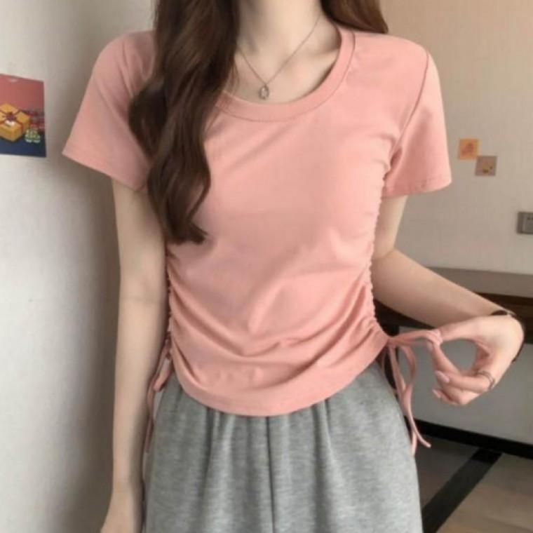 여성 여름 크롭반팔티 옆셔링 여리핏 티셔츠 데일리룩 크롭티 스트릿 셔링 반팔 패션