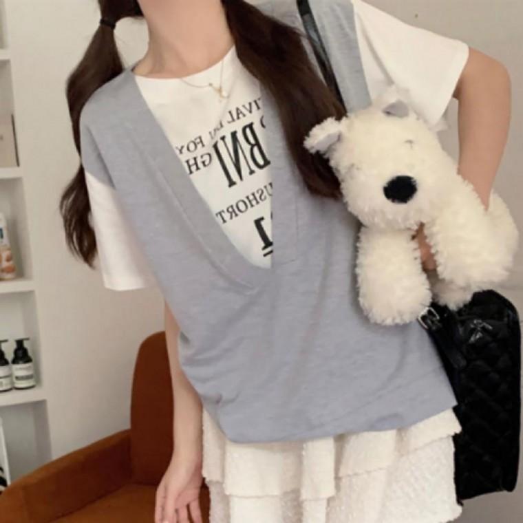 여성 여름 페이크조끼 조끼 스타일 반팔 캐주얼 티셔츠 데일리룩 레이어드룩 베스트 코디
