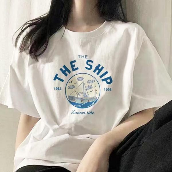 여성 여름 반팔 순 면 흰 티 루즈핏 프린팅 티셔츠